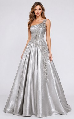 Silbernes Satin-Abendkleid, bodenlang, mit einer Schulter, A-Linien-Schnitt, Applikationen und Falten