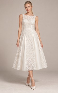 Tea-length Jewel Neck Sleeveless Geometric Lace Panel Wedding Dress