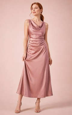 Dusty Rose Cowl Neck Satin Tea Occasion Dress