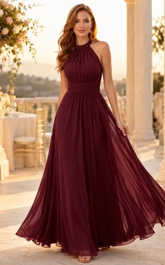 Burgundy Black Tie Wedding Guest Bridesmaid Evening Formal Dress A-Line Floor-Length Halter High Neck Sleeveless Chiffon Pleated Backless Strappy Back