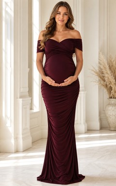 Burgundy Off Shoulder Ruched Maternity Bodycon Jersey Floor Length Luxury Evening Gown