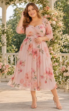 Blush V Neck Three Quarter Sleeve Floral Chiffon Tea Plus Size Guest Dress