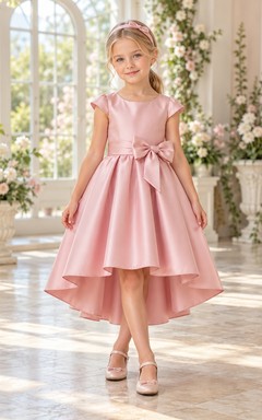 High-low Blushing Pink Cap Sleeve Bow Satin Flower Girl Dress
