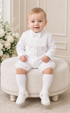 White Lace Ruffle Bib Long Sleeve Christening Bubble Romper for Baby Boy