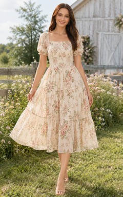 Western Champagne Floral Square Neck Organza A-Line Tea-Length Puff Sleeve Dress