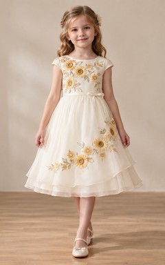 Tea-length Ivory Cap Sleeve Sunflower Floral Tiered Organza Flower Girl Dress