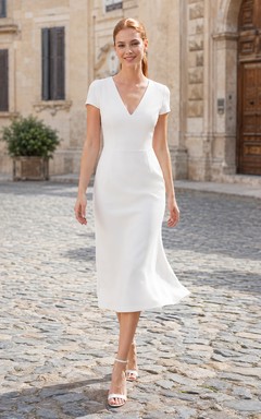 Civil V-Neck Short Sleeve Sheath Midi Wedding Dress
