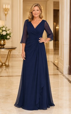 Dunkelblaues Chiffon-Kleid in A-Linie mit V-Ausschnitt und Volantärmeln