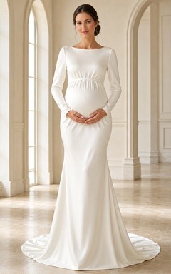 Maternity Minimalist Bateau Long Sleeve Satin Sheath Sweep Train Modest Wedding Dress
