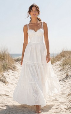 Simple Spaghetti Cotton Beach Wedding A Line Floor Length Sweetheart Corset Dress
