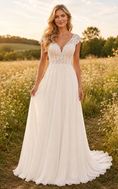 Brautkleid im Landhausstil mit Spitze, A-Linie, V-Ausschnitt, kurzen Ärmeln, Schleppe und tiefem V-Ausschnitt am Rücken