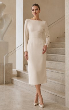 Champagne Bateau Long Sleeve Crepe Sheath Ankle Modest Formal Guest Dress
