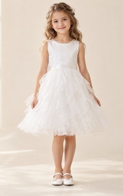 Short White Sleeveless Scoop Satin Waistband Cascading Ruffle Tulle A-Line Flowergirl Dress
