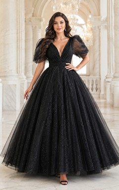Black V-Neck Puff Sleeve Tulle Ball Gown Evening Dress