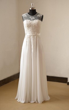 Ärmelloses, kurzes Brautkleid aus Chiffon mit Rundhalsausschnitt, A-Linie und Falten sowie Spitzenoberteil