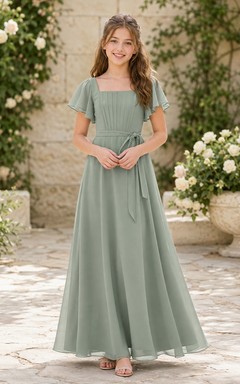 Celadonfarbenes Brautjungfernkleid für junge Damen, A-Linie, Rundhalsausschnitt, kurze Blütenblattärmel, Schärpe/Band, elegant, romantisch