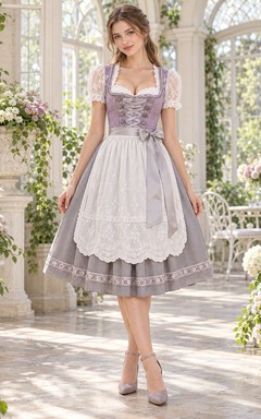 Vintage Mauve Sweetheart Lace Sleeve Scalloped Apron Dirndl Dress