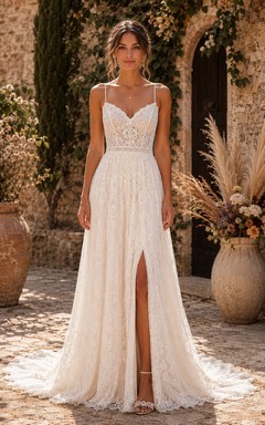 Sexy A-Linien-Brautkleid, ärmellos, V-Ausschnitt, Tüllspitzenapplikationen, Schlitz vorne, bodenlang, Kapellenschleppe, Elfenbein