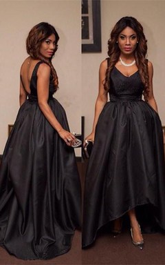 Sexy schwarzes ärmelloses Ballkleid mit V-Ausschnitt und Hi-Lo-Schleppe