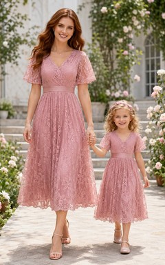 Robe romantique rose poudré à manches courtes et dentelle, coupe trapèze, ornée de bijoux et de dentelle, longueur thé.