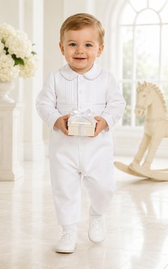 White Peter Collar Long Sleeve Pintuck Baptism One Piece for Baby Boy