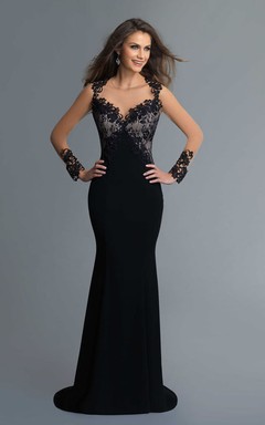 Sheath Scoop-Neck Long Sleeve Jersey Lace Keyhole Dress