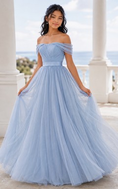 Himmelblaues Junior-Brautjungfernkleid, Ballkleid, schulterfrei, Blütenblattärmel, Tüll, romantisch