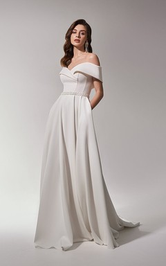 Robe de mariée corset empire en satin à épaules dénudées avec perles à la taille