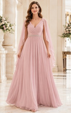 Romantisches, bodenlanges, formelles Cape-Kleid aus altrosafarbenem Chiffon in A-Linie mit V-Ausschnitt