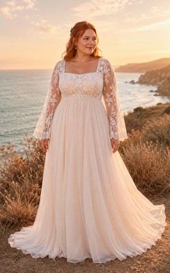 Vestido de novia de talla grande color marfil con escote cuadrado, manga larga y corte en A de tul