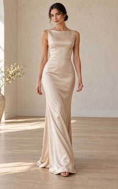 Simple Champagne Boat Neck Satin Sleeveless Fitted Formal Evening Gown