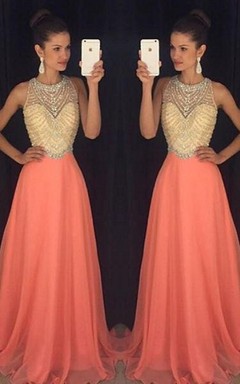 Classic Sleeveless Beadings Crystal Prom Dresses Long Chiffon