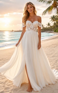Beach Chiffon Tulle Wedding Dress A-Line Off Shoulder Sweep Train with Slit Bridal Gown