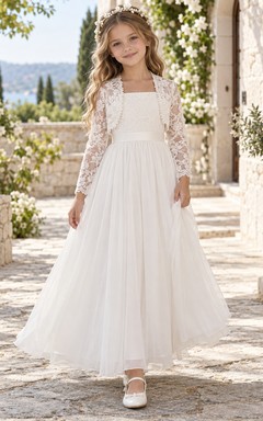 Vestido de niña de flores blanco de manga larga, cuello cuadrado, corte en A, tul, bolero de encaje hasta los tobillos