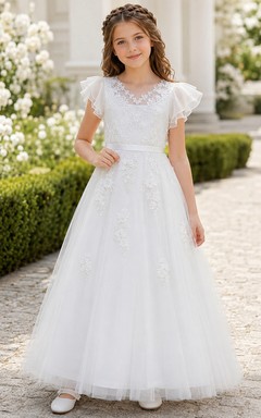 Weißes Blumenmädchenkleid aus Tüll mit floraler Spitze, flatternden Ärmeln und Kommunionskleid