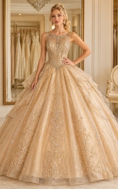 Gold Champagne Embroidered Tulle Ball Gown Quinceanera Dress Luxury