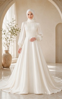 Modest Muslim High Neck Bishop Sleeve Satin Bridal Gown
