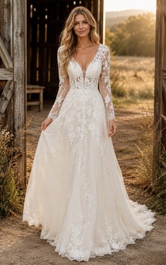 Vestido de novia de tul y encaje campestre, estilo sirena, con escote en V, manga larga, cola de corte y espalda baja en V.