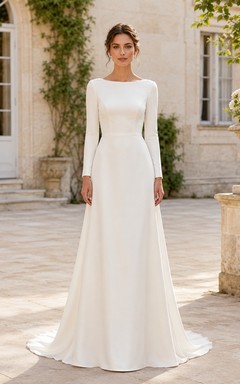 Minimalist Chiffon Wedding Dress A-Line Bateau Neck Long Sleeve Sweep Train Bridal Gown