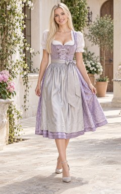 Robe Dirndl vintage champêtre lavande à manches bouffantes et tablier argenté