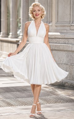 White Halter Sleeveless Chiffon A-Line Tea-length Pleated Vintage Cocktail Dress