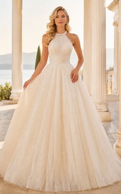 Vestido de novia largo hasta el suelo con escote halter y falda de tul plisada.