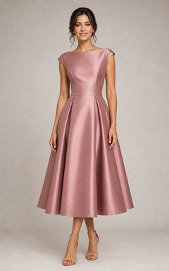 Dusty Rose Satin Bateau Cap Sleeve Tea-Length A-Line Dress