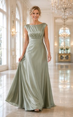 Sage Satin A-Line Mother Dress with Bateau Neck and Pleated Bodice