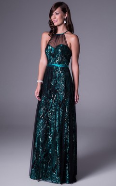 Ärmelloses, bodenlanges Pailletten-Abendkleid in A-Linie mit Rundhalsausschnitt