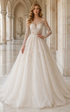 Robe de mariée champêtre en tulle et dentelle scintillante, col V, manches longues, coupe trapèze, traîne chapelle, ornée d'appliqués floraux.
