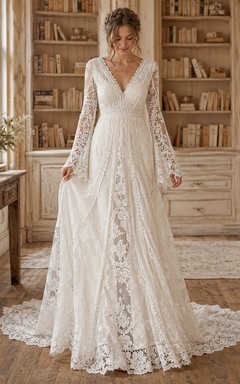 Bohemian V Neck Long Sleeve Lace A-Line Keyhole Back Chapel Wedding Dress
