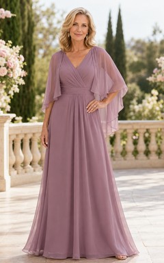 Vintage-Brautmutterkleid in Mauve mit romantischem V-Ausschnitt, transparentem Cape, geraffter Taille und bodenlangem Chiffonrock