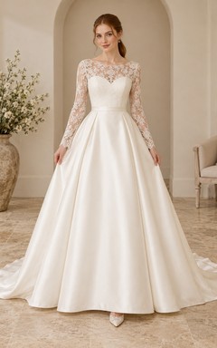 Brautkleid aus Satin mit A-Linie, langen Ärmeln, A-Linie, Schleppe und Spitzenbesatz