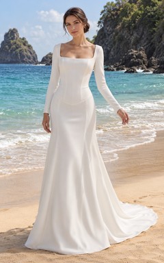 Mermaid Square Neck Long Sleeve Crepe Wedding Dress with Bodice and Sweep Train